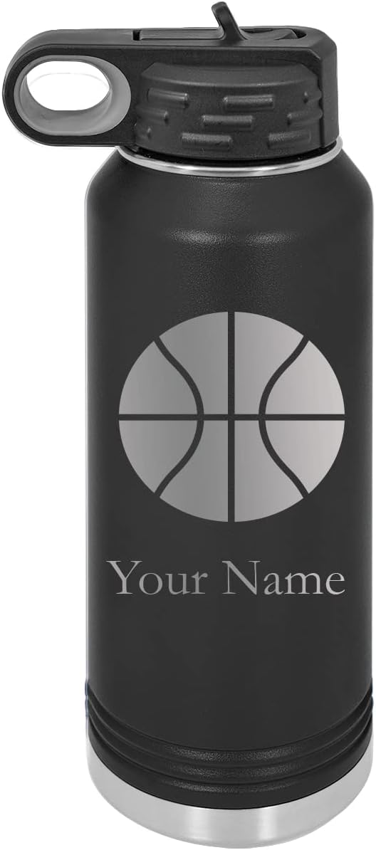 Add Name Basketball Personalized Custom Engraved Double Wall Vacuum Hot/Cold Drinks Insulated Stainless Steel Boys/Girls Sports Team Water Bottle with Flip Top Lid, Straw