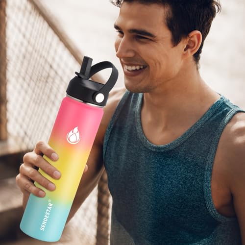 Image of SENDESTAR Insulated Water Bottle 24 OZ, Wide Mouth 24 oz Water Bottle with Straw Lid, Spout Lid, Double Wall Vacuum Stainless Steel Leak Proof, Keeps Liquids Hot or Cold