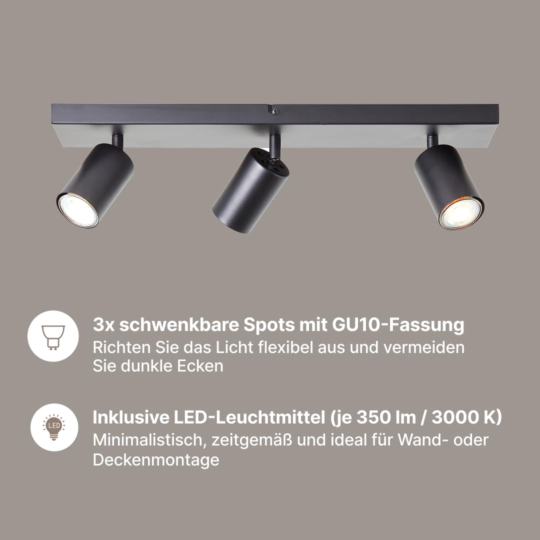 Brilliant Jello LED Spotbalken 3-flammig – Deckenleuchte aus Metall in Schwarz matt mit schwenkbaren Köpfen, inkl. 3× LED GU10 (350 lm, warmweiß), dimmbar, IP20