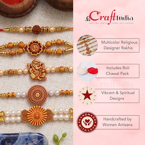 Image of eCraftIndia Red Blue Round Designer Rakhi for Brother Bhaiya Bhai | Roli Chawal Pack | Rakhi Combo