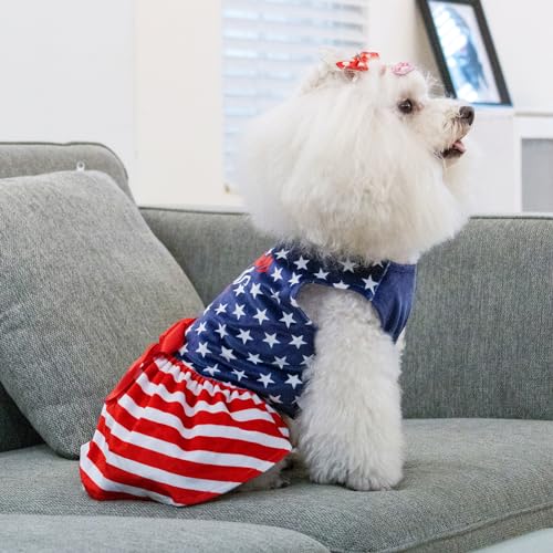 Image of CuteBone Dog Dresses Velvet 4th of July Small Dogs Clothes Onesie Pet Apparel Girl Puppy Skirt with Bow Hair Rope