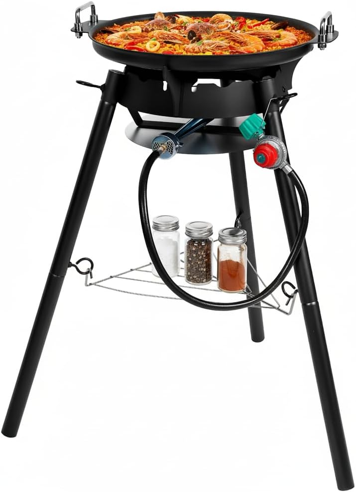 Q044-Paella Pan Set with Burner, 16 Inch Carbon Steel Outdoor Pan and Reinforced/Adjustion Legsfor Outdoor Cooking