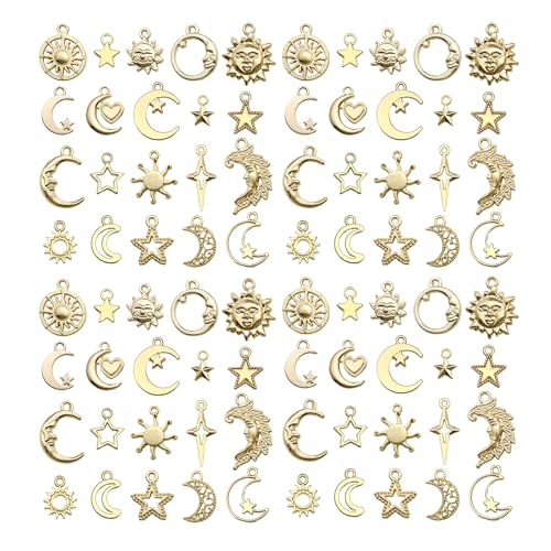 WOCRAFT 60pcs KC Gold Sun Moon Star Charms Bracelet Charms for Jewelry Making Sets DIY Necklace Bracelet Keychain Crafting Charms Kit Craft Supplies (SN836)