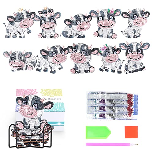 10 PCs Diamond Art Car Cup Coaster, Arts and Crafts for Adults Diamond Painting Kits, DIY Mandala Coasters for Crafts (Cow 10)