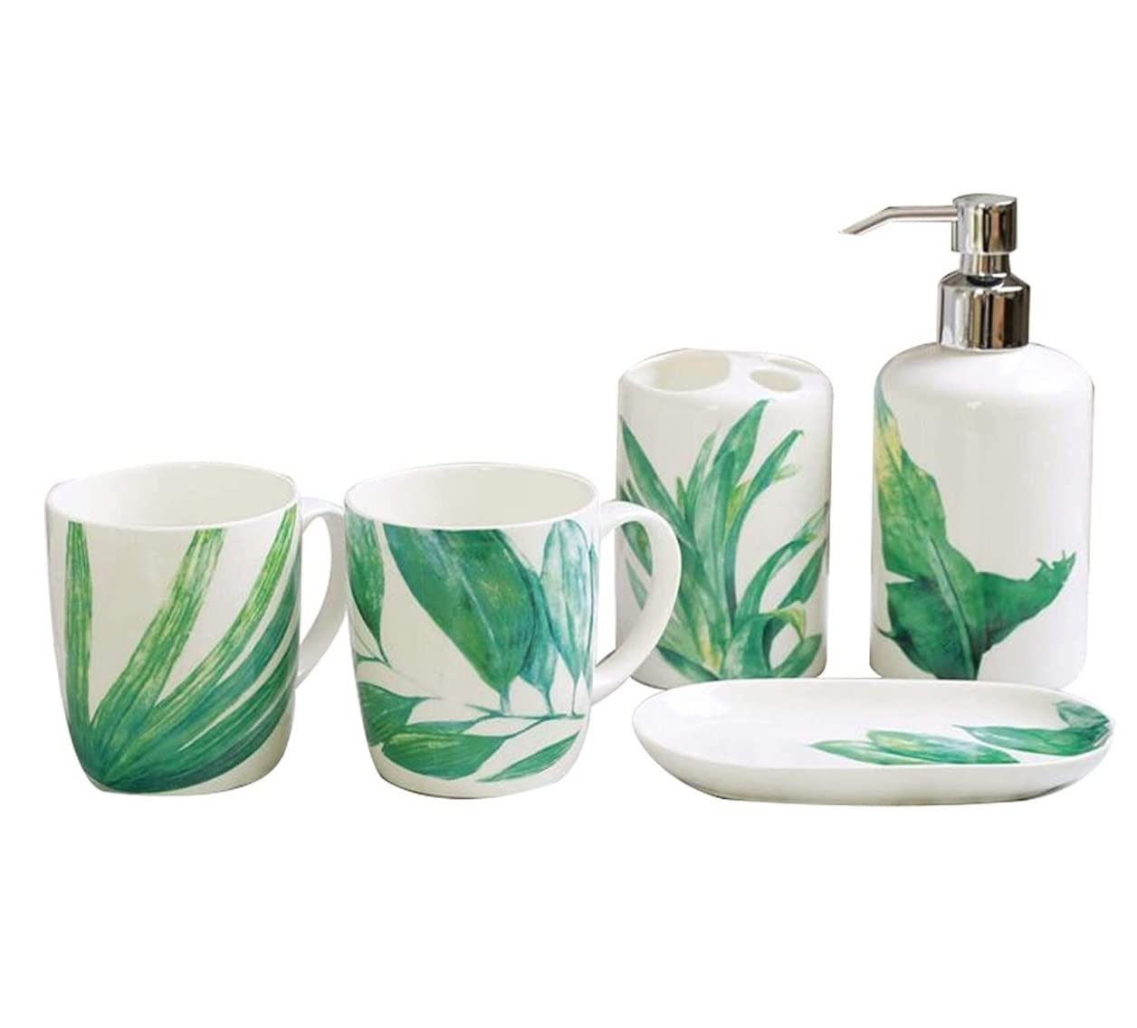 Badezimmer Set Weißes Badezimmer-Accessoires-Set Aus Keramik, 5-teiliges Badezimmer-Ensemble Für Baddekoration, Tropisches Pflanzenmuster Dekoration Organizer(5-piece Set)