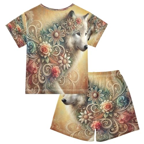 Floral Wolf Golden Pajama Set Short Sleeve Nightwear Soft Clothes Set Summer Pajamas Cotton 5Y2