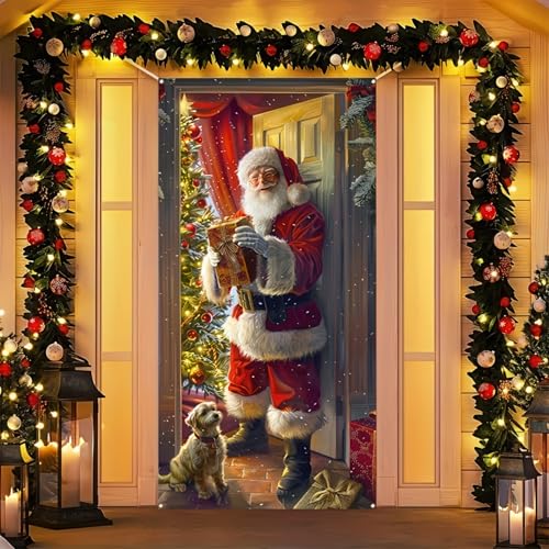 Image of Festive Christmas Santa Claus Door Banner Decorative Polyester Holiday Door Cover with Christmas Tree and Dog, Perfect for Indoor and Outdoor Christmas Decorations 71 x 35in