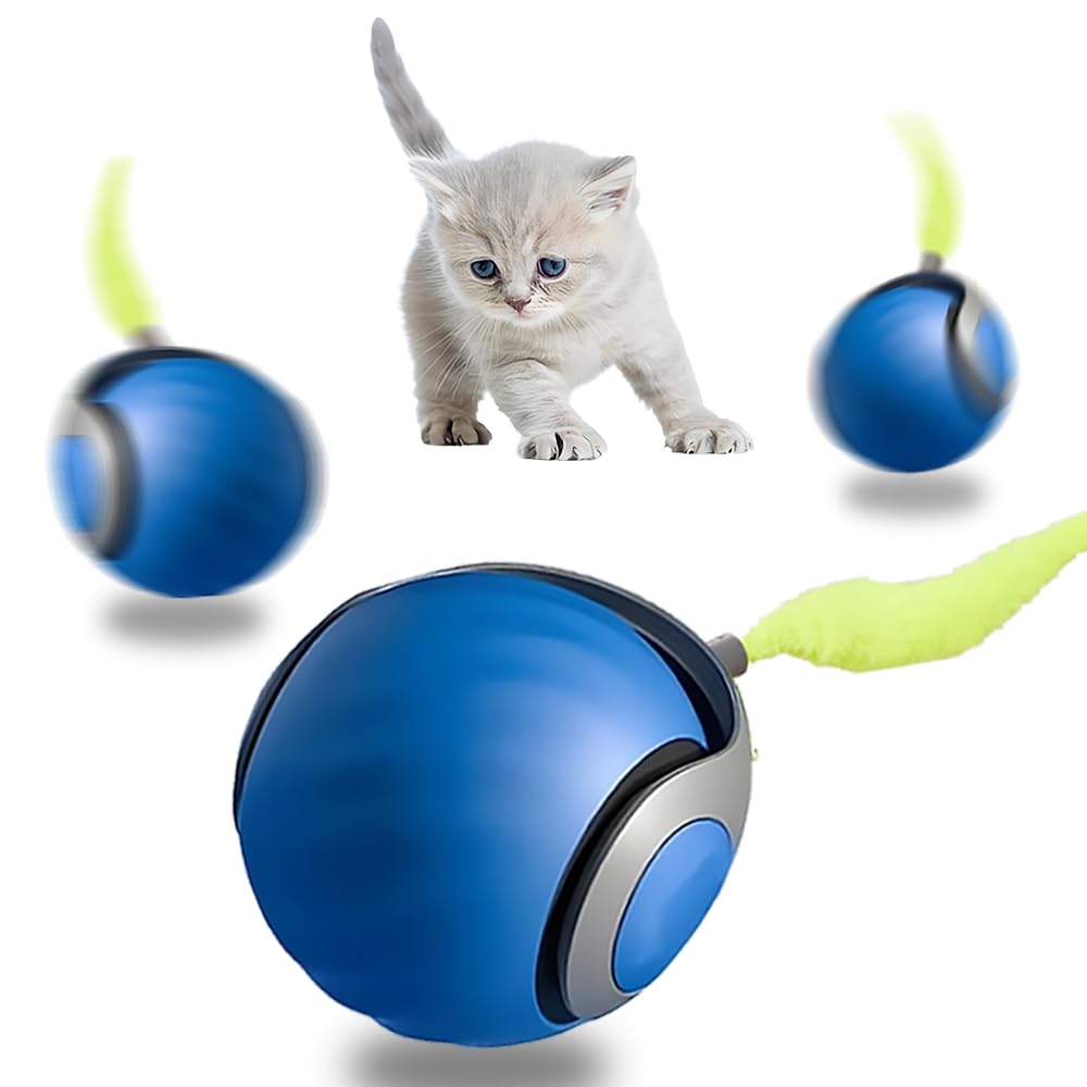Pamerco Automatic Cat Ball Toy with 2 Feather Tails - Rechargeable Interactive Cat Toys, 2-Speed Motion Activated Roller for Indoor Cats to Relieve
