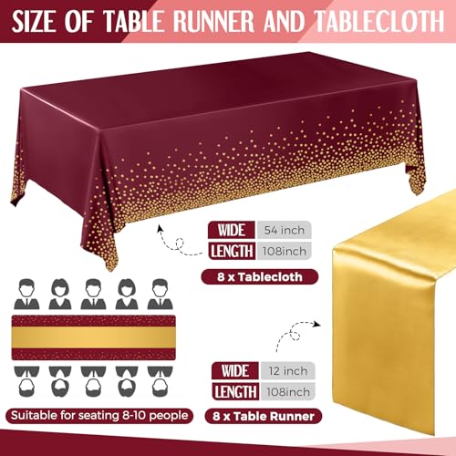 Image of Breling 16 Pack Burgundy and Gold Disposable Plastic Tablecloths and Satin Table Runner Set, 54 x 108 Inch Tablecloth, 12 x 108 Inch Table Runners for Wedding Graduation Birthday Baby Shower