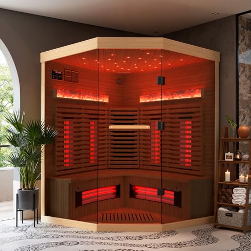 SWHSE 3-4 Person Corner Infrared Sauna- Luxury Home Sauna Spa Room with Himalayan Salt Therapy, Canadian Hemlock&Panoramic Tempered Glass,220V