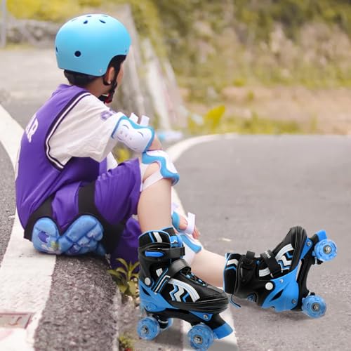 SMOOJOY Kids Roller Skates for Boys and Girls Adjustable Blue Black Skate with All Light up Wheels Ages 5-8 for Beginner in Outdoor Indoor Sports.