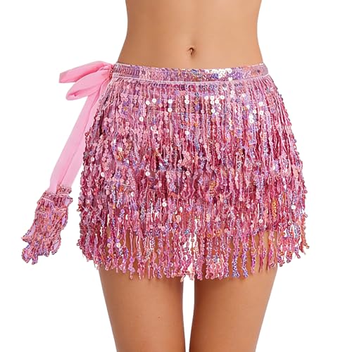 Womens Sequin Tassel Skirt Glitter Sparkly Fringe Hip Scarf Wrap Belly Dance & Rave Costume Disco Party Outfit for Women (Pink)
