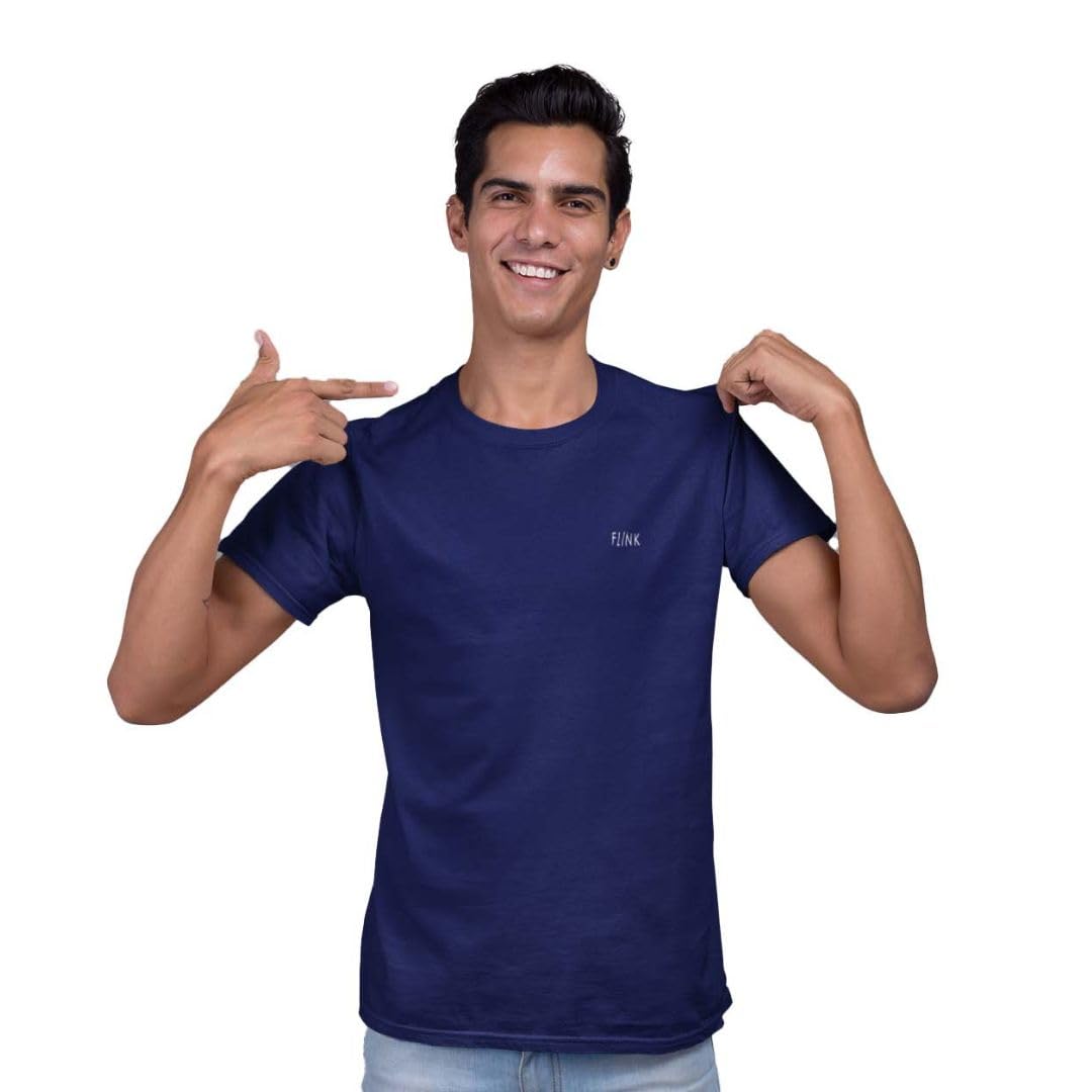 Flink Dark Blue Round Neck Plain Tshirts for Men