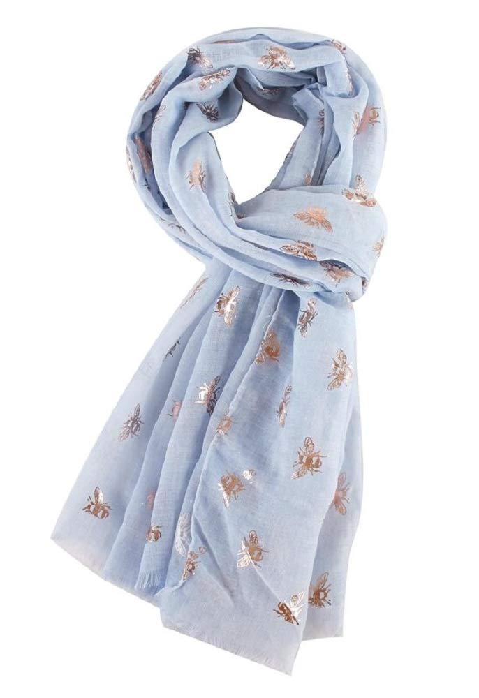 Lilyrosa Women's Blue Light Lilyrosa® Bee Scarf Bumble Bees Grey Blue Silver Pink Rose Gold Bees Shawl Wrap (Blue Light)