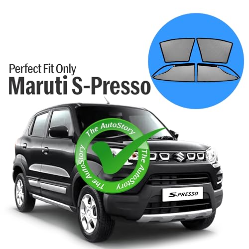 Image of AutoStory Magnetic Car Sunshade for Maruti SPresso | Front Half Cut for Mirror Visibility + Rear Full Coverage with Zipper | Heavy Heat & UV Protection | Privacy Side Window Curtains Shades