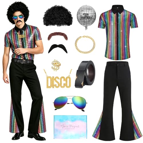 YYDSXK Disfraz Años 70 Hombre, Disfraz Disco Hombre con Peluca, Barba y Collar, Disfraces Disco años 60 y 70 para Carnaval, Fiestas, Halloween, Cumpleaños y Cosplay (Vistoso, L)