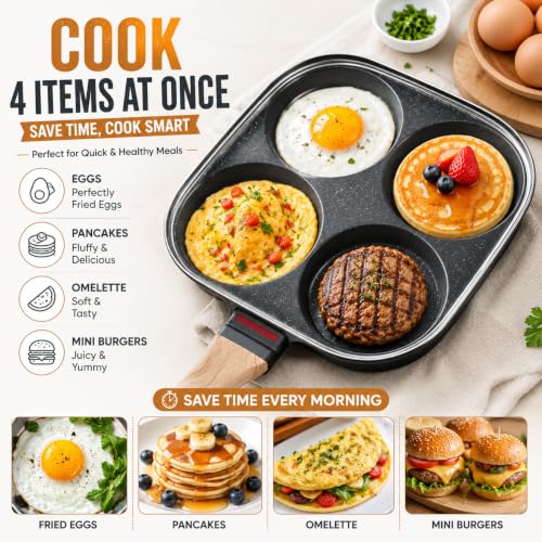 Image of Egg Frying Pan with Glass Lid, Non Stick 4 Hole Omelette Pan, Breakfast Fry Pan for Eggs, Pancakes, Mini Dosa, Burgers, Paniyaram, Induction & Gas Compatible, Wooden Handle, Granite Coating