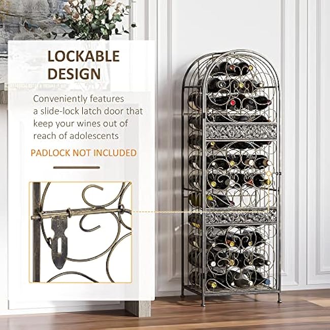 HOMCOM 45 Bottle Wrought Iron Wine Rack Jail with Lock - Antique Bronze