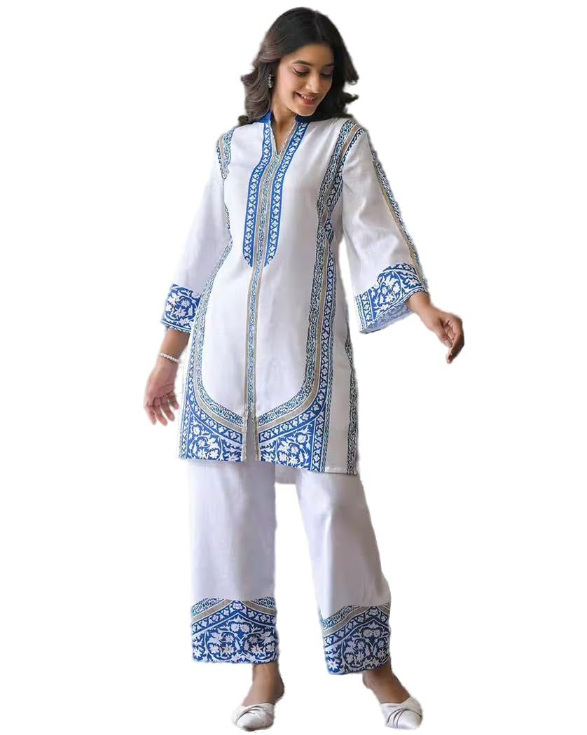 crally Women's White and Blue Digital Print Rayon Cord Set | Stylish Girls Co-ord set | Pakistani Style Cord Set For Women-picture-0