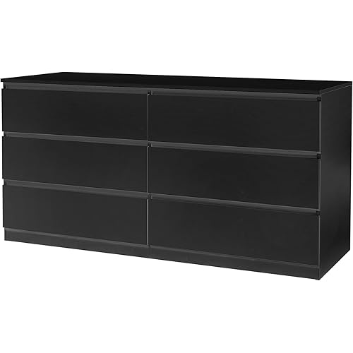 Karl home Black 6 Drawer Dresser - Modern Chest of Drawers for Bedroom, Wood Dressers with Deep Drawers, Cut-Out Handles, Anti-Tipping Device, Living Room, Hallway, Entryway - 55-Inch