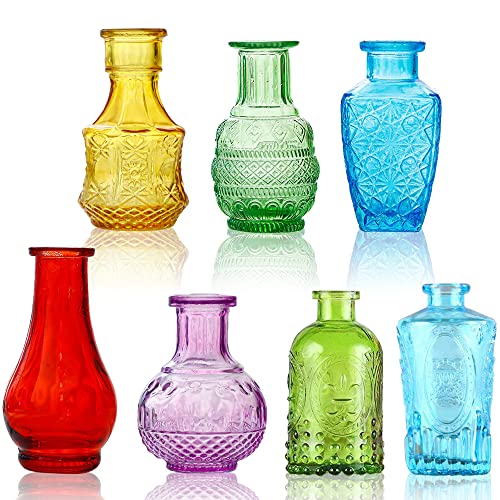 7 Stück Vasen Set Mini Vase Glas Bunte Blumenvase Glasfläschchen kleine Flasche Tischvasen Tischdeko in verschiedenen Formen Dekoration für Wohnzimmer Bad Farbig Cover