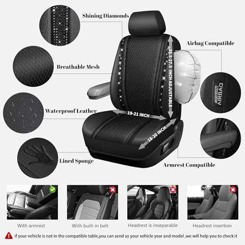Image of CAR PASS Memory Foam Mesh Bling Diamond Car Seat Cover 2 Front Seats Breathable Soft Sponge Universal Shining Glitter Sparkly Crystal Fit Armrest Automotive Truck SUV Cute Women Girl, Black Rhinestone