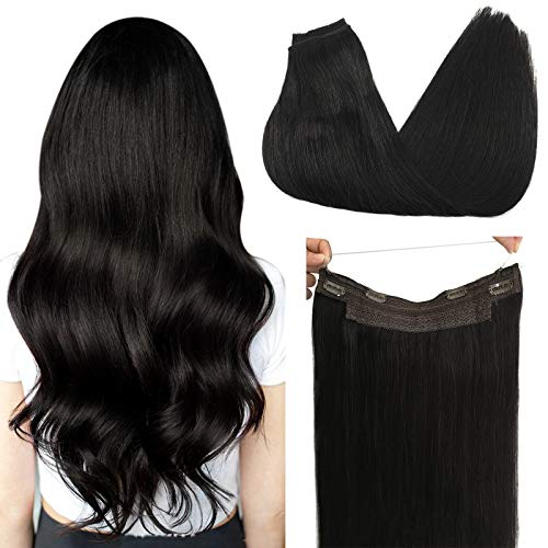 Doores Halo Hair Extensions Human Hair Ombre Dark Brown to Chestnut Brown 14 Inch 70g Flip Hair Extensions Natural Straight Hidden Wire Hair Extensions with Transparent Fish Line Invisible Hairpiece