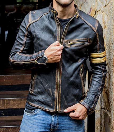 Real Leather Jacket Mens | Cafe Racer Black Leather Motorcycle Jacket | With Distressed Vintage Detail - Image 3