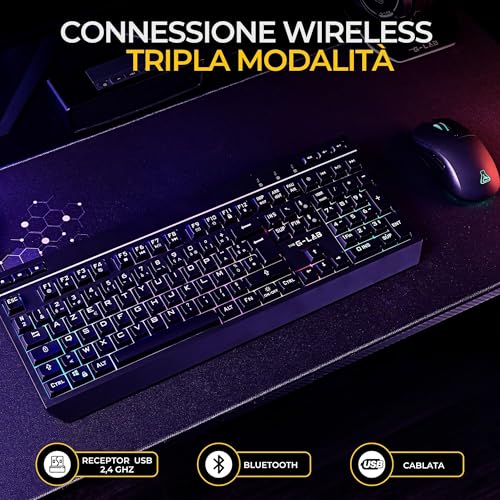 Combo TUNGSTEN - Tastiera e Mouse Wireless Tripla Connessione 2.4GHz / Bluetooth / USB - Tastiera Gaming ITALIANA, RGB e Macro Custom - Mouse Gaming Wireless 6400 DPI - PC / PS4 / PS5 / XBOX - Tastiera gaming - Immagine 2