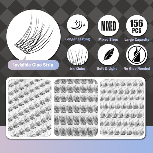 WONSIS Self Adhesive Eyelashes, 156 Pcs Self Adhesive Eyelash Clusters, No Glue Needed, Invisible Strip Tape - Longer Lasting, No Sticky Residue Pre Glued Eyelashes (Natural-Mixed)…