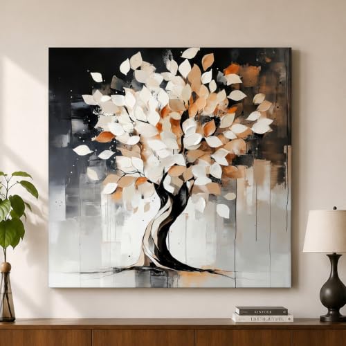 Image of PAINTINGMANTRA Abstract Tree Artwork Stretched Canvas Painting for Living Room | Nature Canvas Painting Wall Decor Art For Livingroom, Bedroom, Office, Hallways - 34x34 Inch