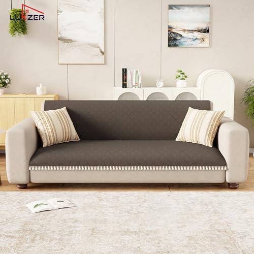 Image of Lukzer Quilted Sofa Cover Mat with Tassels for 1 Seater Sofa - Chocolate Brown | Soft Washable Anti-Slip Protector for Living Room | Furniture Cover for Back-Seat Slipcover 60X150CM / SC-192-1T