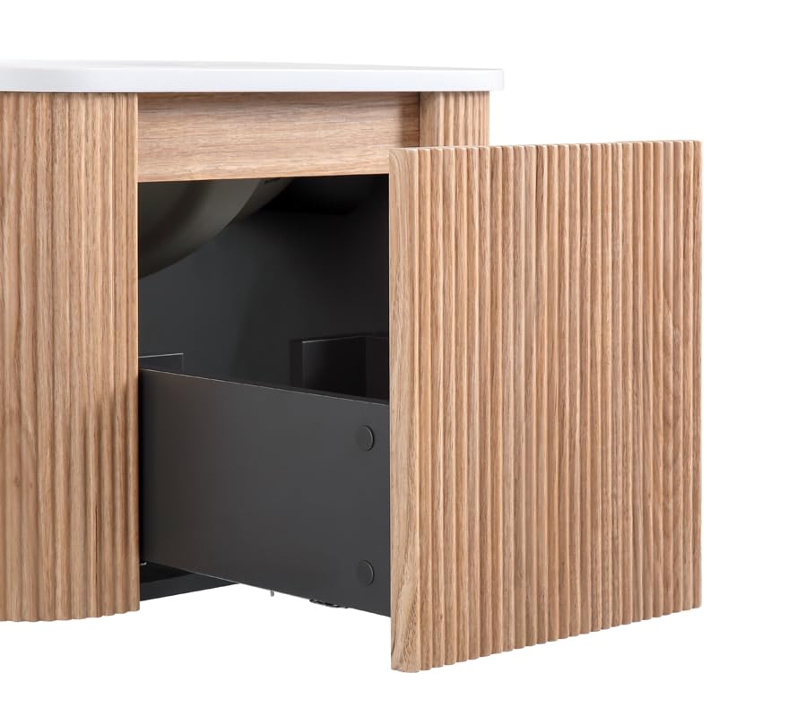 Image of 24 Inch Wall Mounted Bathroom Vanity with Ceramic Sink, Pre-Assembled Floating Vanity Cabinet with Marble Countertop, Wave Texture Finish & Drawer, Wood