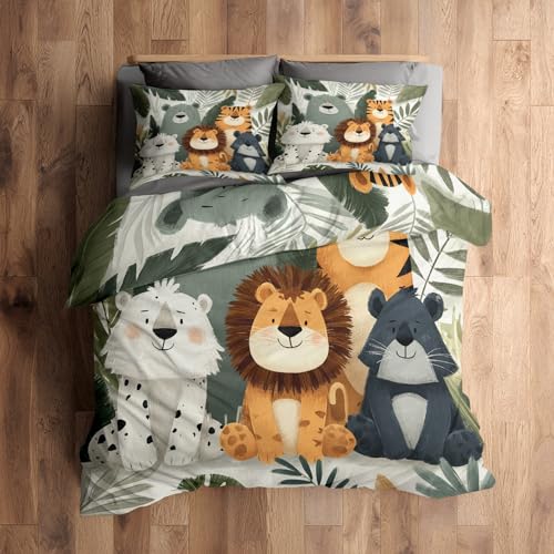 Générique Housse de Couette 140x200 Safari 1 Personnes, Parure de Lit Reversible Imprimé Animaux Enfant Jungle Forêt Bois Zoo, Microfibre, 1 Taies...