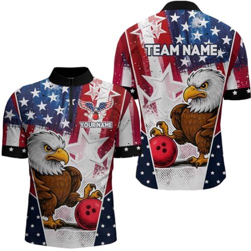 American Eagle Bowling Team Shirt for Men Women Patriotic Polo & Quarter-Zip Bowling League Bowling Jersey (Men Quarter-Zip)