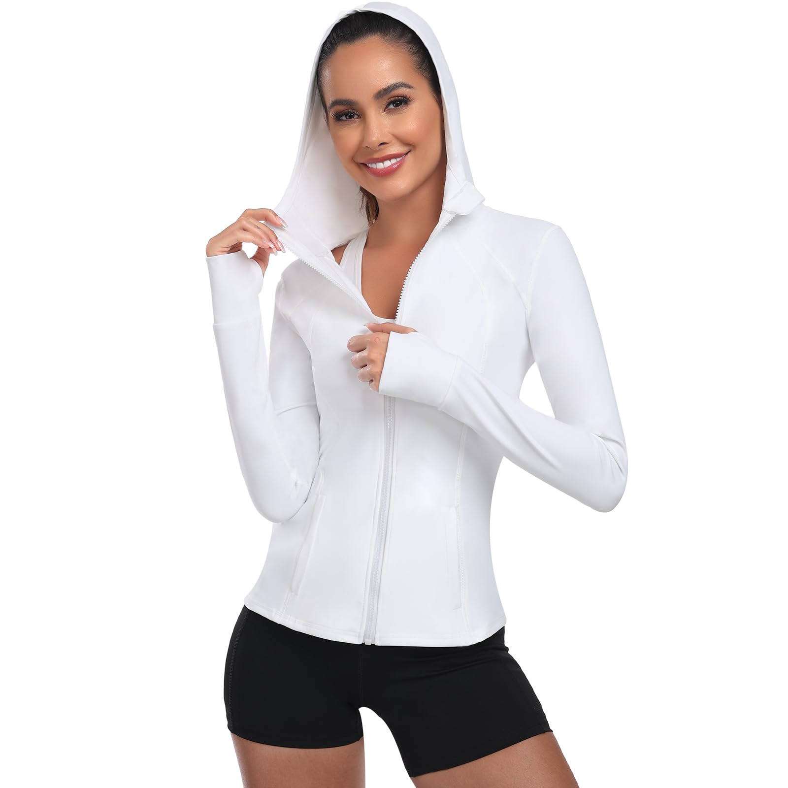 Zyrulix Women's Hooded Athletic Full Zip Workout Jacket With Pockets Running Slim Fit Yoga Sportwear With Thumb Holes