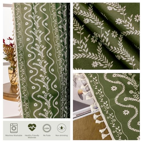 Image of Boho Curtains for Living Room, Bedroom, 2 Panels Floral Farmhouse Vintage Tassel Semi Sheer Light Filtering Privacy,Olive Green,55 inch W x 63 inch L (Pack of 2)
