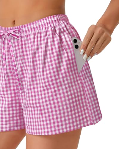 Image of Women Boxer Shorts Gingham Drawstring Pajama Bottom Plaid Pants with Pocket