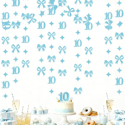 Image of Glitter Blue 10th Bow Birthday Decorations Teal Blue Conquette Bow Garland Streamer Banner Backdrop for Girls Happy 10th Birthday Double Digits I'm 10 Cheers to 10 Years Old Anniversary Party Supplies
