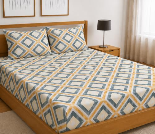 Image of Fitted Bedsheet Multicolor Diamond Print Glace Cotton 210 TC | King Size for Double Bed Fits 6 x 6.5 ft Mattress (72 x 78 Inch) | All Around Elastic | 2 Pillow Covers | 10 Inch Deep Pocket