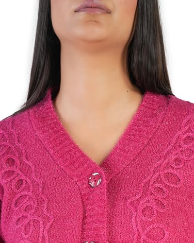 Image of MANRA Women's Woolen V-Neck Buttoned Full Sleeve Cardigan Self Design Soft Wool Fabric Winter Wear Pure Wool Sweater Fully Warm with Front Pockets Stylish Cardigan