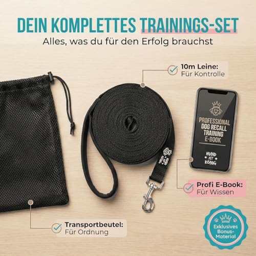 HUND IST KÖNIG Schleppleine 10m für Hunde - Hundeleine 10m mit Griffpolster - Robuste Hunde Schleppleine, wasserabweisend & schmutzunempfindlich - für erfolgreiches Hundetraining inkl. eBook