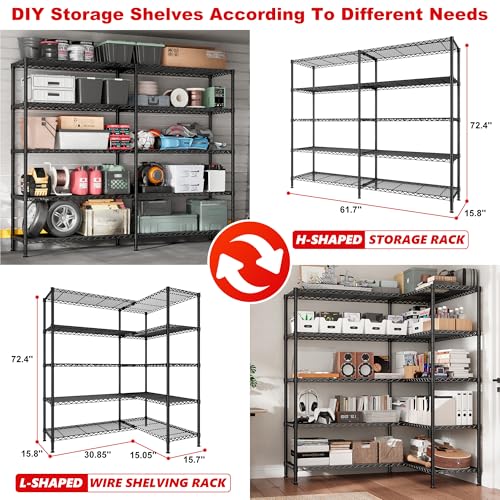 Image of REIBII 5-Tier Heavy Duty Metal Shelving, 1500LBS 72.4 inch H Storage Shelf | 300 lbs /shelf, reinforced steel with powder-coat, tool-free height clips, in-line or L-shape, leveling feet, 10-min assembly