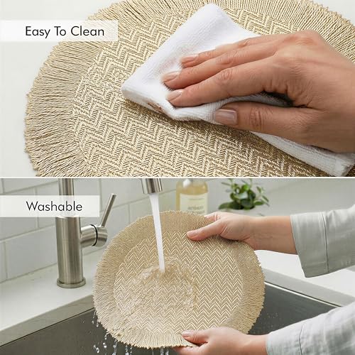 Image of Yellow Weaves 1 Pc PVC Round Table Placemat, Dining Table Mat, Stain Resistant, Anti-Skid, Waterproof, Washable, Dining, Kitchen, Restaurant Table Set Easy to Clean, Durable (Zig Zag Golden)
