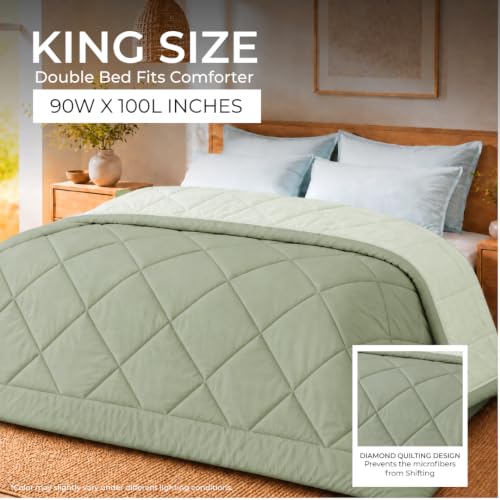 Image of King Size Comforter for Double Bed, 220 GSM Soft Microfiber AC Blanket, All Season Lightweight Reversible Bed Quilt, Premium Bedding, 90 x 100 Inch, Sage Green-Light Green