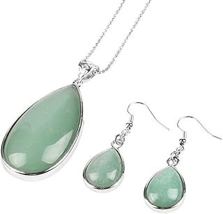 CuLtP Ohrringe Für Damen,Wassertropfen-Anhänger, Baumelnde Haken-Ohrringe, Halsketten-Sets, Grüne Aventurin-Tropfenohrring...