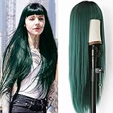 Friya Green Wig Straight Wigs With Air Bangs Machine Wigs Dark Rooted Ombre Green 2 Tone Color Long...