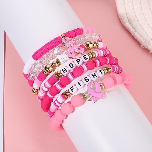 FAERLIIRY Pink Ribbon Bracelets Breast Cancer Survivor Gifts for Woman Glitter Beaded Bracelet HOPE FIGHT Pink Bracelets Breast Cancer Survivor Support Jewelry Gifts4