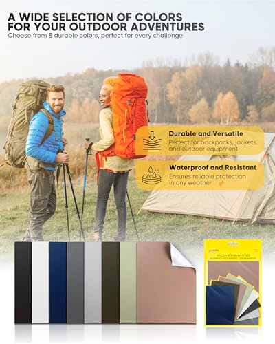 ZEFFFKA Nylon Self-Adhesive Repair Patches 8 Pack Waterproof Durable 5x7 Inch Fabric Patches for Jackets Tents Backpacks Sleeping Bags Clothing 8 Assorted Colors No Ironing Easy Fix