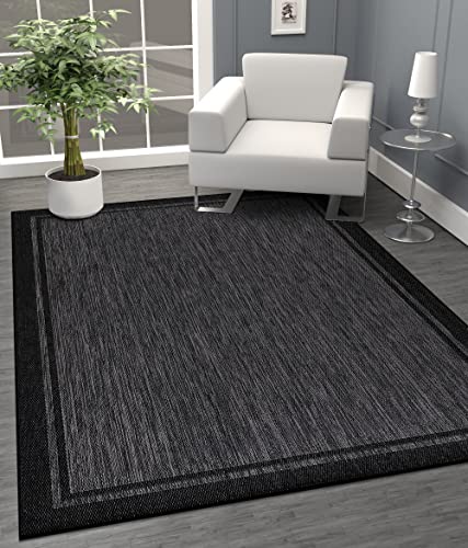 CAMILSON Indoor Outdoor Rug, 5x7 Bordered Dark Grey Black Modern Area Rugs for Indoor and Outdoor Patios, Kitchen and Hallway Mats, Washable Porch Deck Outside Carpet (Bordered Black, 5x7)